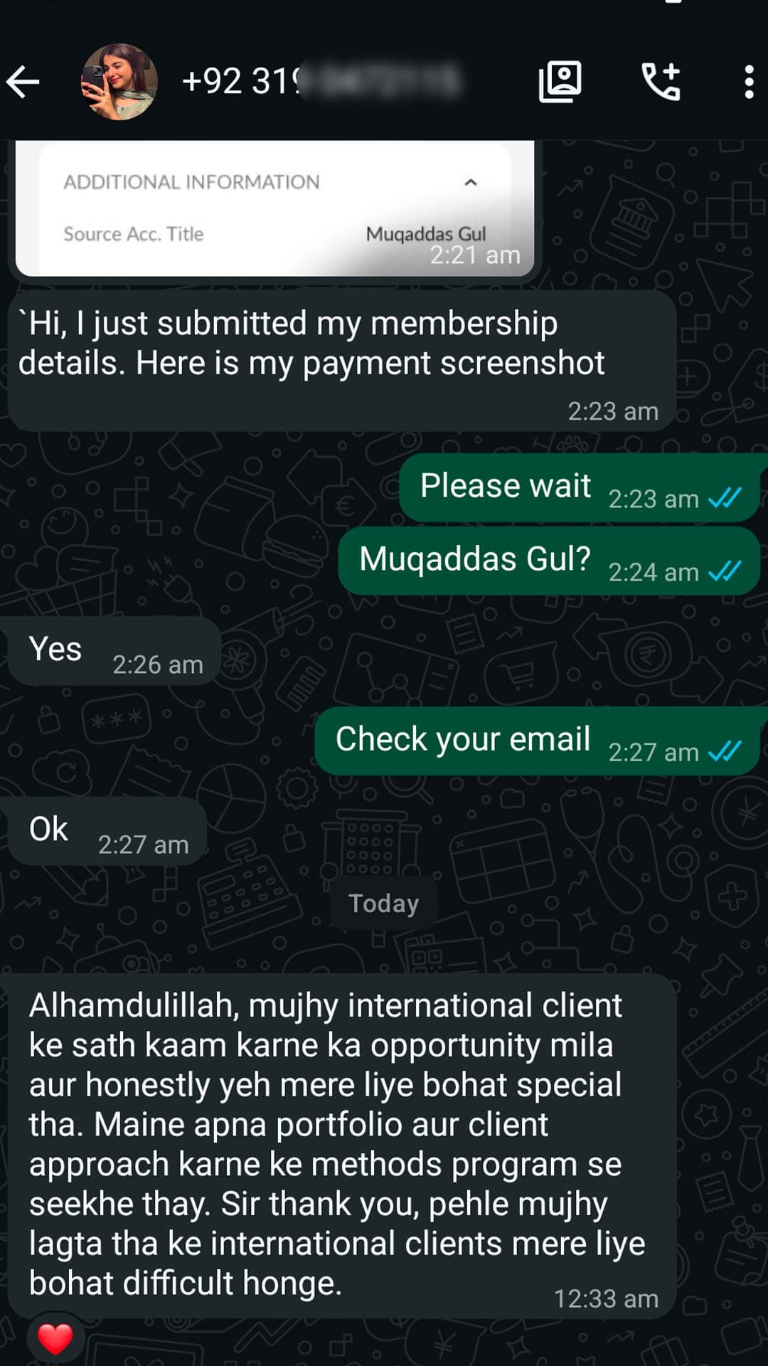 Student review 1: WhatsApp international client win